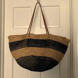 Straw beach bag,can hold all your beach needs,tan with blue stripes,in gd shape